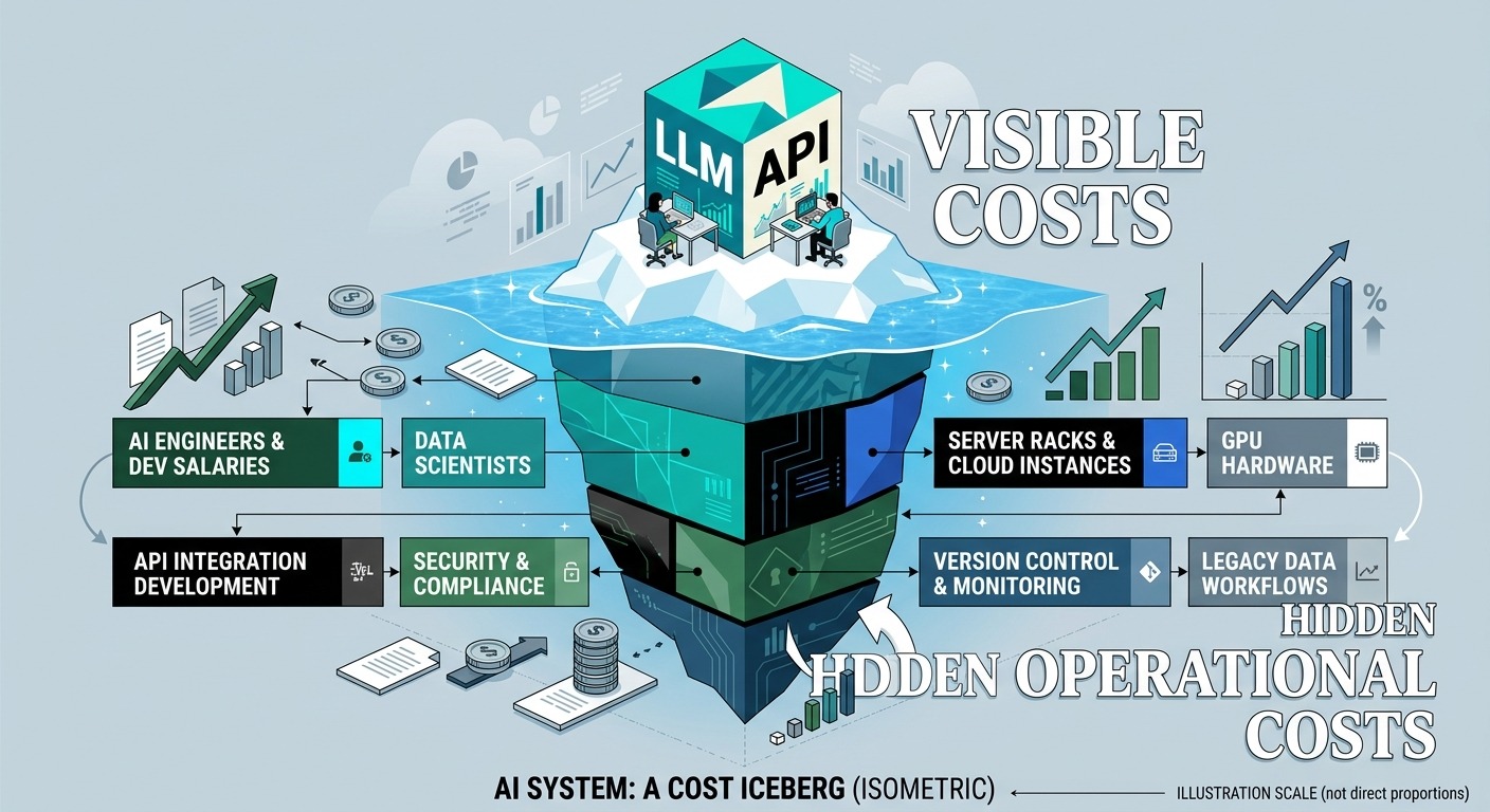 3D Isometric style, illustration of a cost iceberg with a small tip labeled "LLM API" above water and a large mass below labeled salaries, infrastructure, maintenance, orange and black on light background, professional B2B. Cards floating straight NO tilt NO rotation. NO purple, NO violet