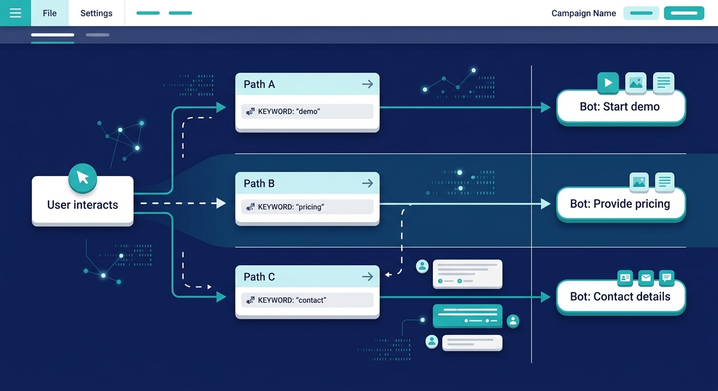 3D Isometric style B2B illustration of a visual flow builder canvas, a trigger node at the left branching into three separate reply paths labeled by keyword, each ending in a chat bubble, dark background with white UI cards floating straight NO tilt NO rotation, professional B2B, NO purple, NO violet