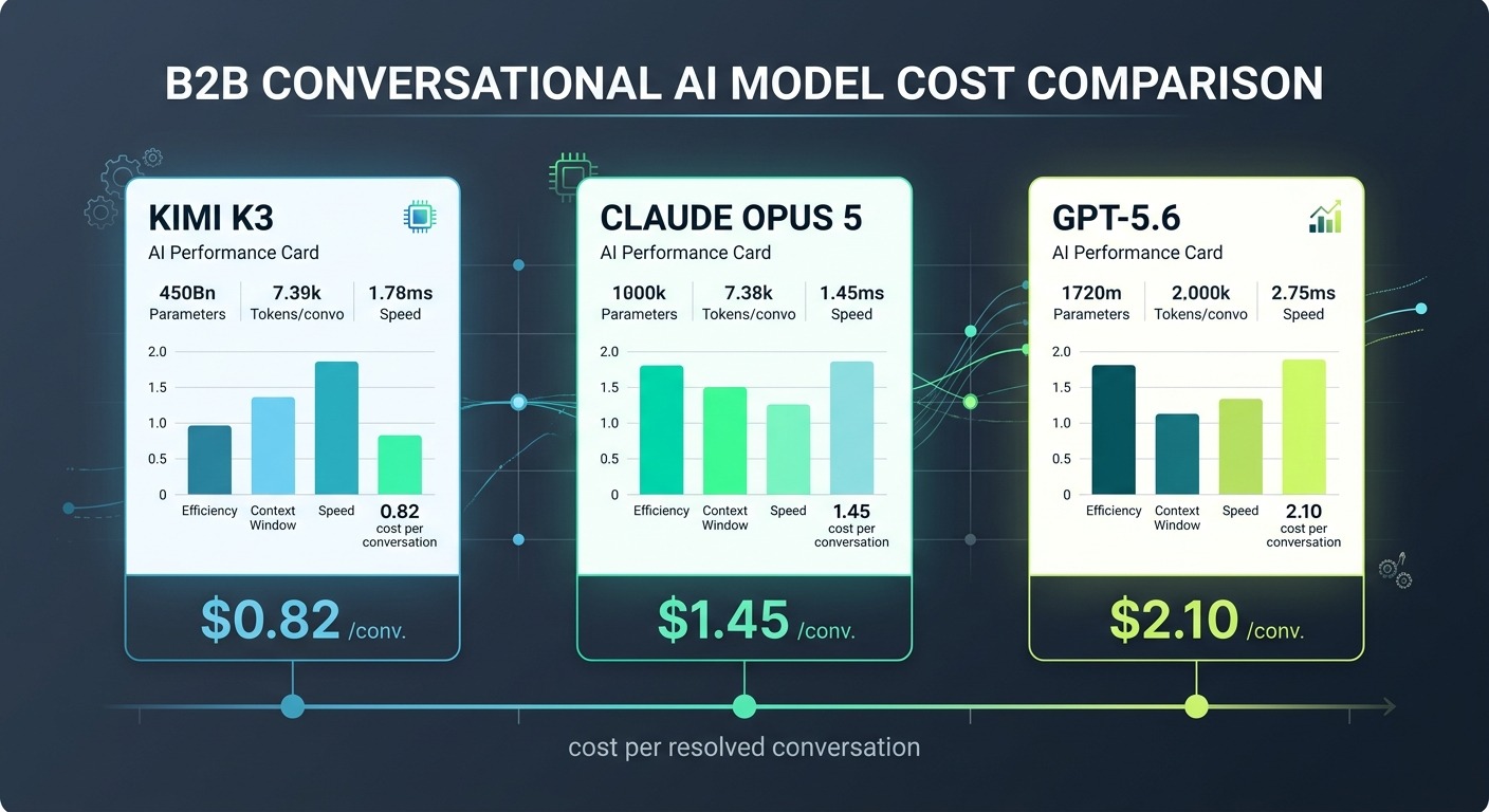 Comparison style B2B infographic, three clean straight rectangular cards side by side labeled KIMI K3, CLAUDE OPUS 5, and GPT-5.6, each card showing a small bar chart and a price tag figure, connected by a thin horizontal axis line labeled "cost per resolved conversation", dark slate background with orange accent highlights, crisp modern data visualisation aesthetic, Cards floating straight NO tilt NO rotation, NO purple, NO violet