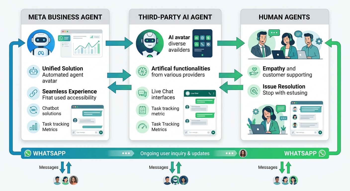 Comparison style illustration, three side-by-side labeled panels showing "Meta Business Agent", "Third-party AI agent", and "Human agents" with arrows indicating seamless handoffs between all three, a unified WhatsApp conversation bar beneath them, clean flat design, WhatsApp green accents on white, cards floating straight NO tilt NO rotation, professional B2B, NO purple, NO violet
