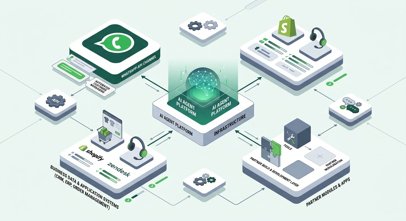 3D isometric style diagram, a central AI agent core connected by clean lines to three labeled blocks for WhatsApp, business data systems (Shopify, Zendesk), and a partner build layer, showing the platform as an infrastructure hub, WhatsApp green and slate accents on a light background, cards floating straight NO tilt NO rotation, professional B2B, NO purple, NO violet