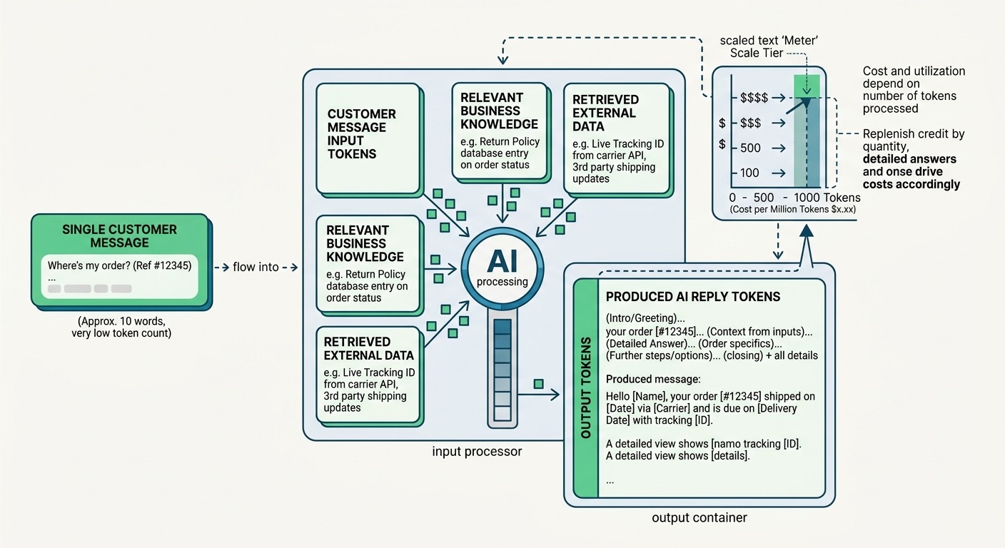 Minimalist educational illustration, a single customer message flowing into an AI agent shown as input tokens (customer message plus business knowledge plus retrieved data) and output tokens (the reply), with a small meter indicating cost scales with token count, clean flat design, WhatsApp green accents on a light background, cards floating straight NO tilt NO rotation, professional B2B, NO purple, NO violet