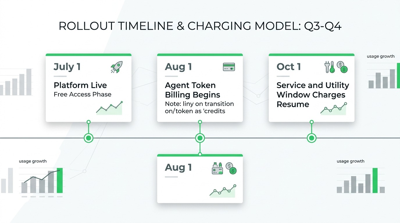Stats and data style horizontal timeline, three milestone markers labeled "July 1 platform live, free", "Aug 1 agent token billing begins", "Oct 1 service and utility window charges resume", clean flat design with WhatsApp green accents on white, cards floating straight NO tilt NO rotation, professional B2B, NO purple, NO violet