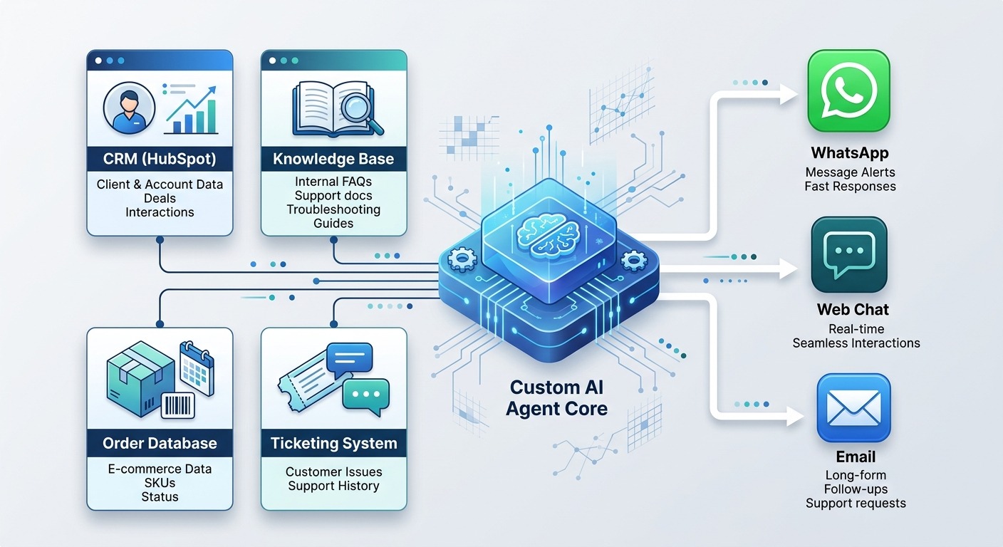 3D isometric style diagram, a custom AI agent core at the centre wired by clean straight lines to four labelled system blocks for CRM, order database, ticketing, and knowledge base, with three channel icons for WhatsApp, web chat, and email fanning out on the other side, WhatsApp green and slate accents on a light background, cards floating straight NO tilt NO rotation, professional B2B, NO purple, NO violet