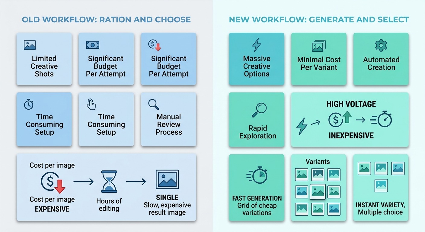 Clean B2B comparison infographic on a light background, two columns labeled "Old Workflow: Ration and Choose" versus "New Workflow: Generate and Select", showing a single slow expensive image on the left and a fast grid of many cheap image variants on the right, minimal flat design with orange and black accents, Cards floating straight NO tilt NO rotation, NO purple, NO violet