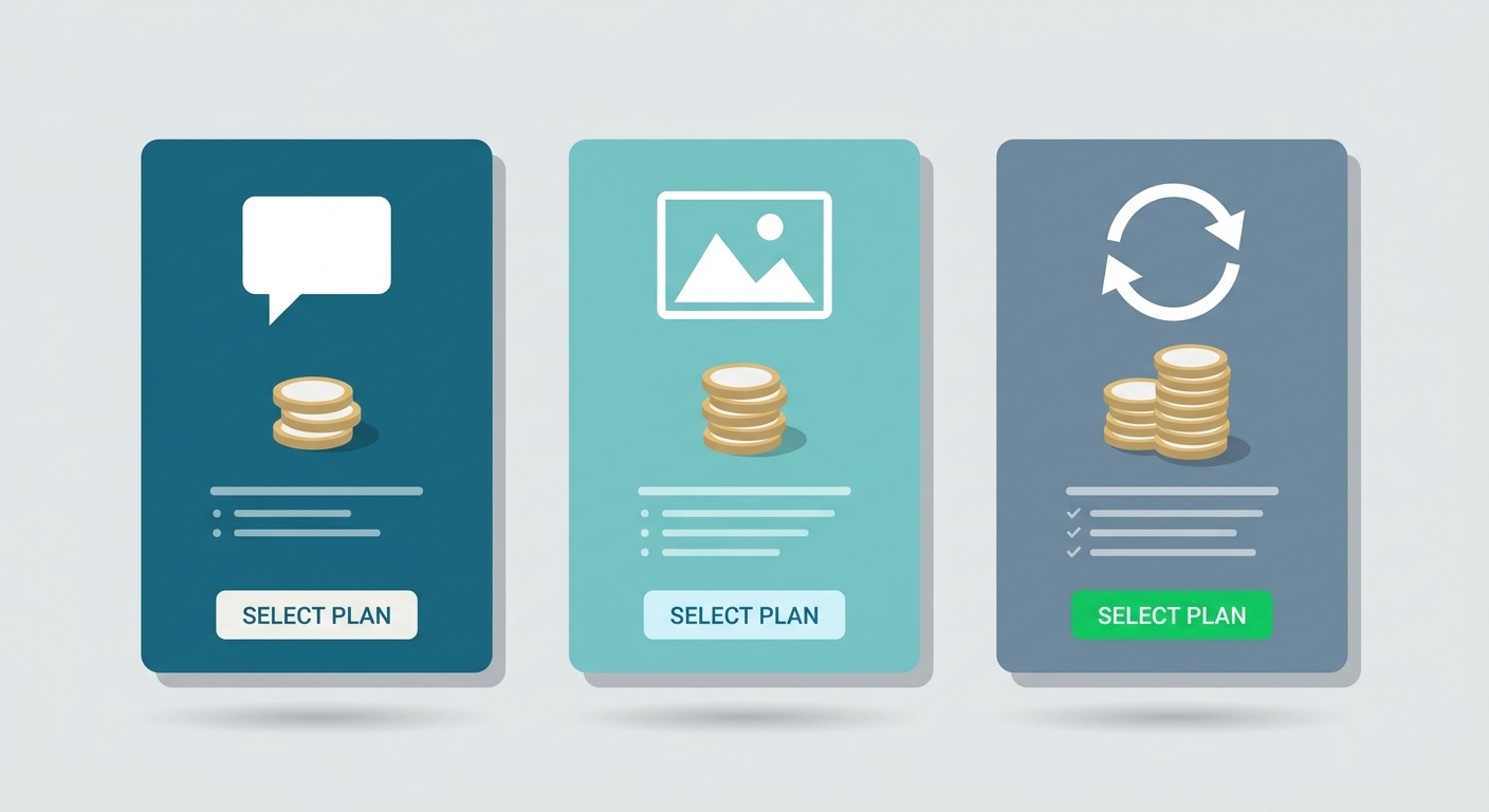 Minimalist pricing tiers illustration, three clean cards side by side