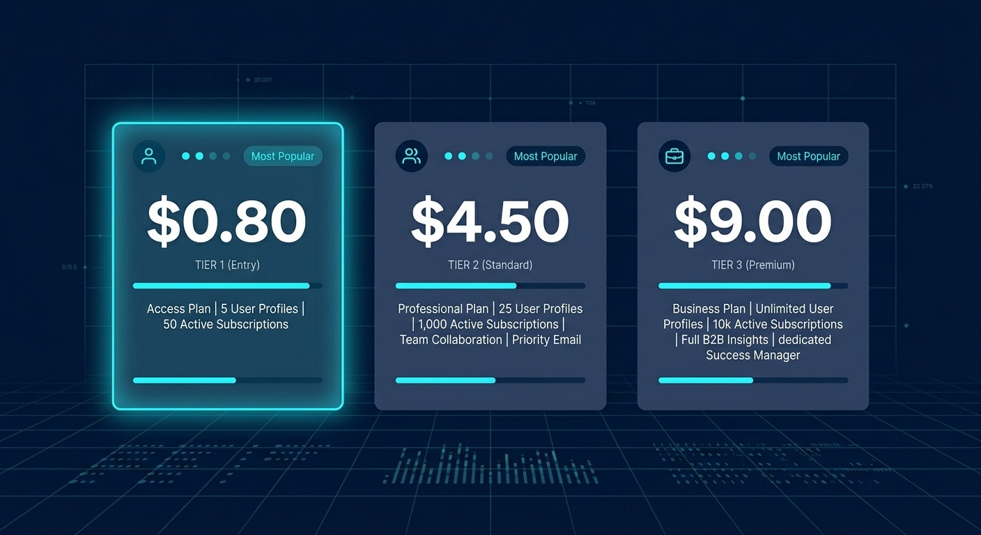 Clean product style comparison graphic on a dark navy background. Three straight rectangular pricing cards side by side, zero tilt, showing "$0.80", "$4.50", and "$9.00" in large bold white numerals with small model name labels beneath each. The leftmost card is highlighted with a cyan glow border. Subtle grid pattern background, professional B2B data visualization aesthetic. Cards floating straight NO tilt NO rotation, NO purple, NO violet