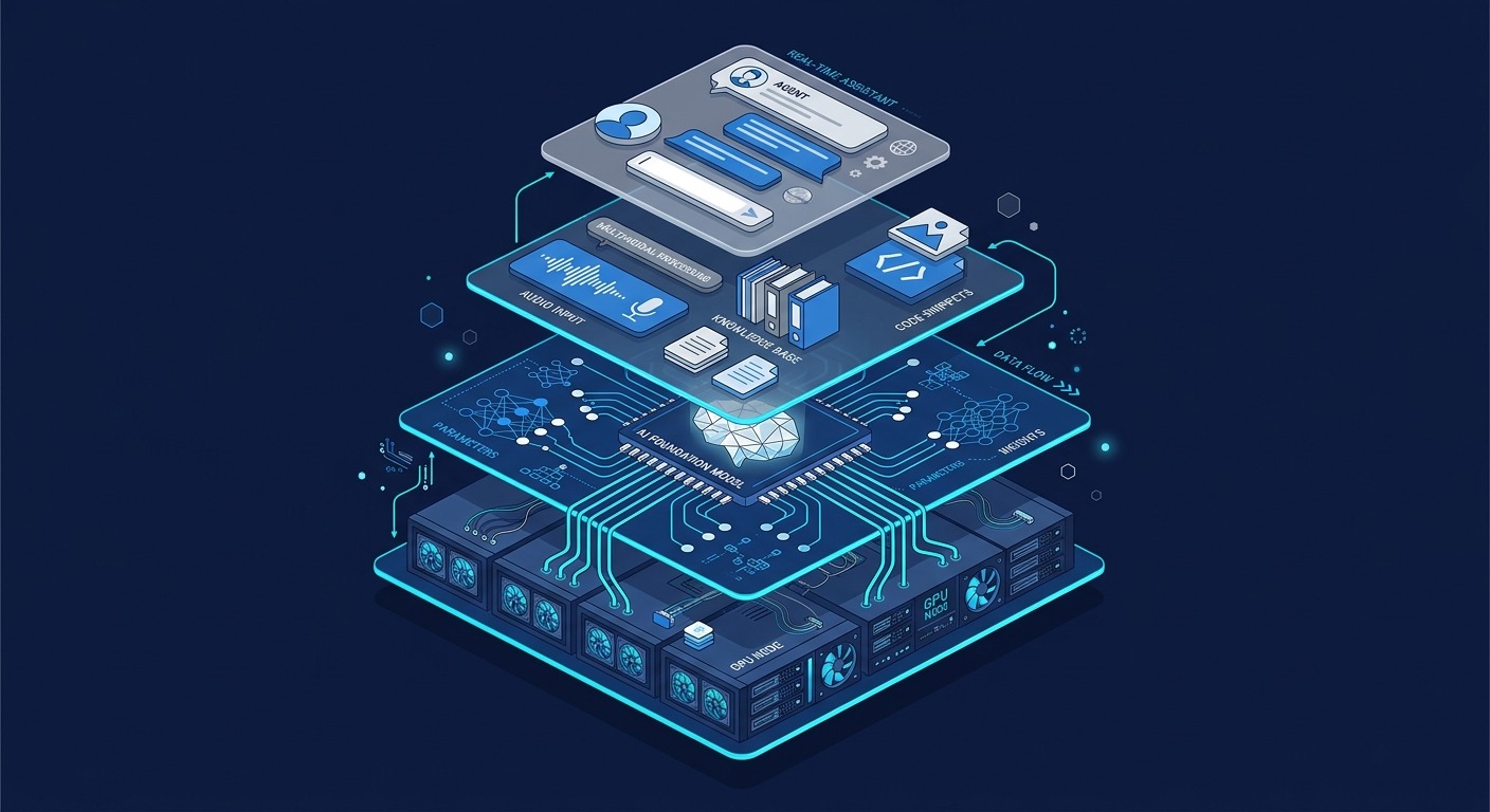 3D isometric illustration on a dark navy background of a layered technology stack, four floating horizontal platforms connected by glowing cyan data lines. Bottom layer shows GPU server racks, second layer shows a foundation model chip, third shows speech waveform and document icons, top layer shows a chat interface. Clean minimalist geometry, subtle orange accent highlights, professional B2B tech illustration. Layers floating straight NO tilt NO rotation, NO purple, NO violet