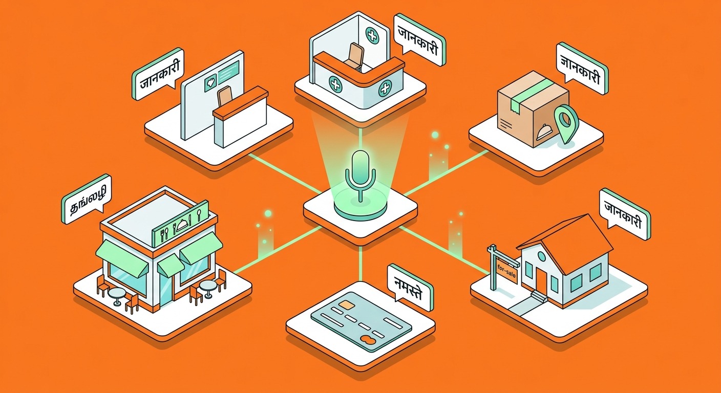 3D isometric illustration, a central AI voice assistant hub represented as a glowing microphone icon on a platform, connected by clean lines to five surrounding mini-scenes: a hospital reception desk, a delivery package with location pin, a house with a for-sale sign, a bank card, and a restaurant storefront, each mini-scene has a small speech bubble with different Indian script characters, modern flat 3D style, orange teal and white color scheme, cards floating straight NO tilt NO rotation, NO purple, NO violet