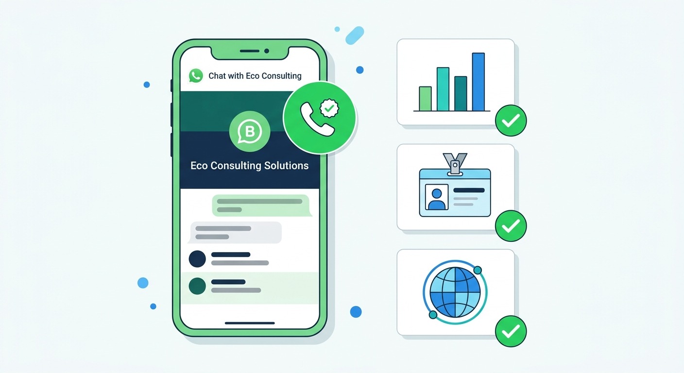 Minimalist checklist illustration, a large smartphone showing a WhatsApp business