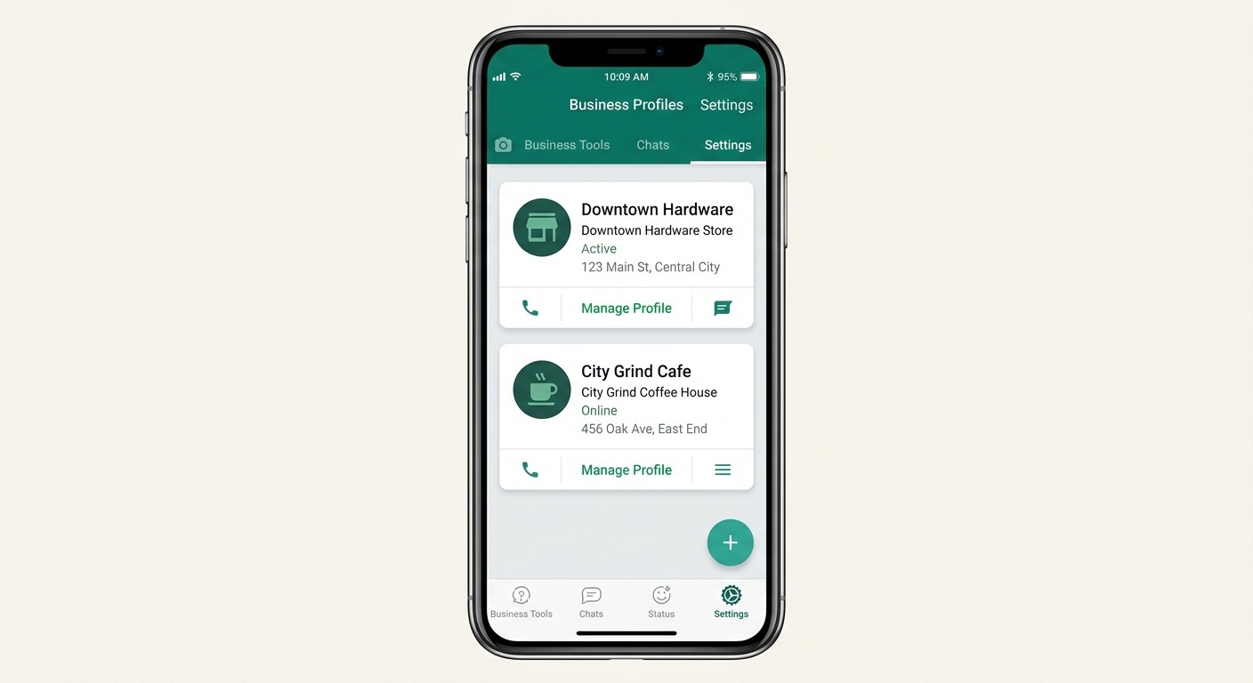 Clean product style illustration, a smartphone screen showing WhatsApp Business settings with two business account cards stacked vertically, one labeled with a storefront icon and one with a coffee cup icon, a prominent plus button, WhatsApp green and white palette, cards floating straight NO tilt NO rotation, minimal background, professional B2B aesthetic, NO purple, NO violet