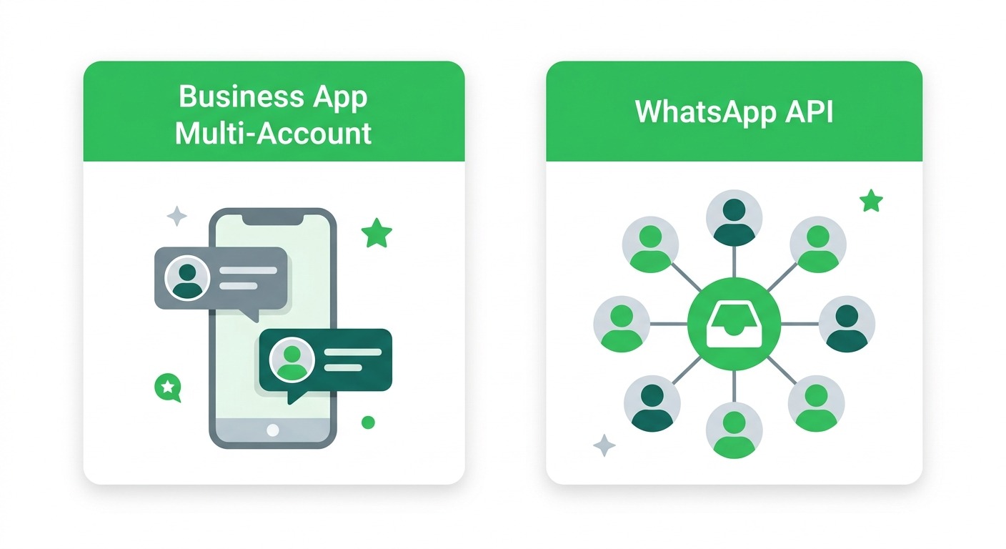 Comparison style infographic, two columns side by side on a clean background, left column labeled "Business App Multi-Account" showing a single phone icon with two profile badges, right column labeled "WhatsApp API" showing multiple team member icons connected to one inbox hub, simple flat icons, WhatsApp green accents on white, cards floating straight NO tilt NO rotation, professional B2B aesthetic, NO purple, NO violet
