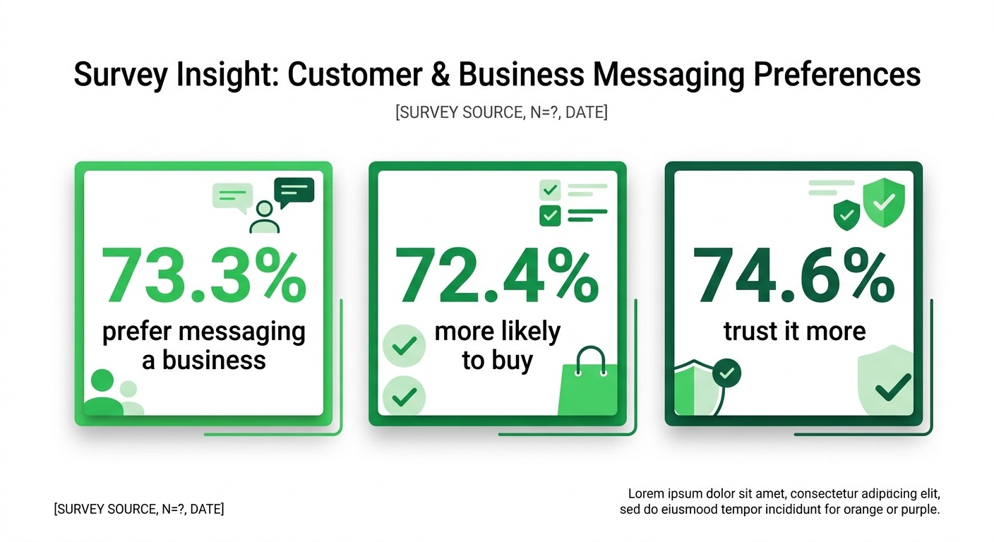 Comparison style infographic, a large bold "73.3%" captioned "prefer messaging a business" next to "72.4% more likely to buy" and "74.6% trust it more", clean survey-result design, WhatsApp green accents on white, professional B2B, cards floating straight NO tilt NO rotation, NO purple, NO violet