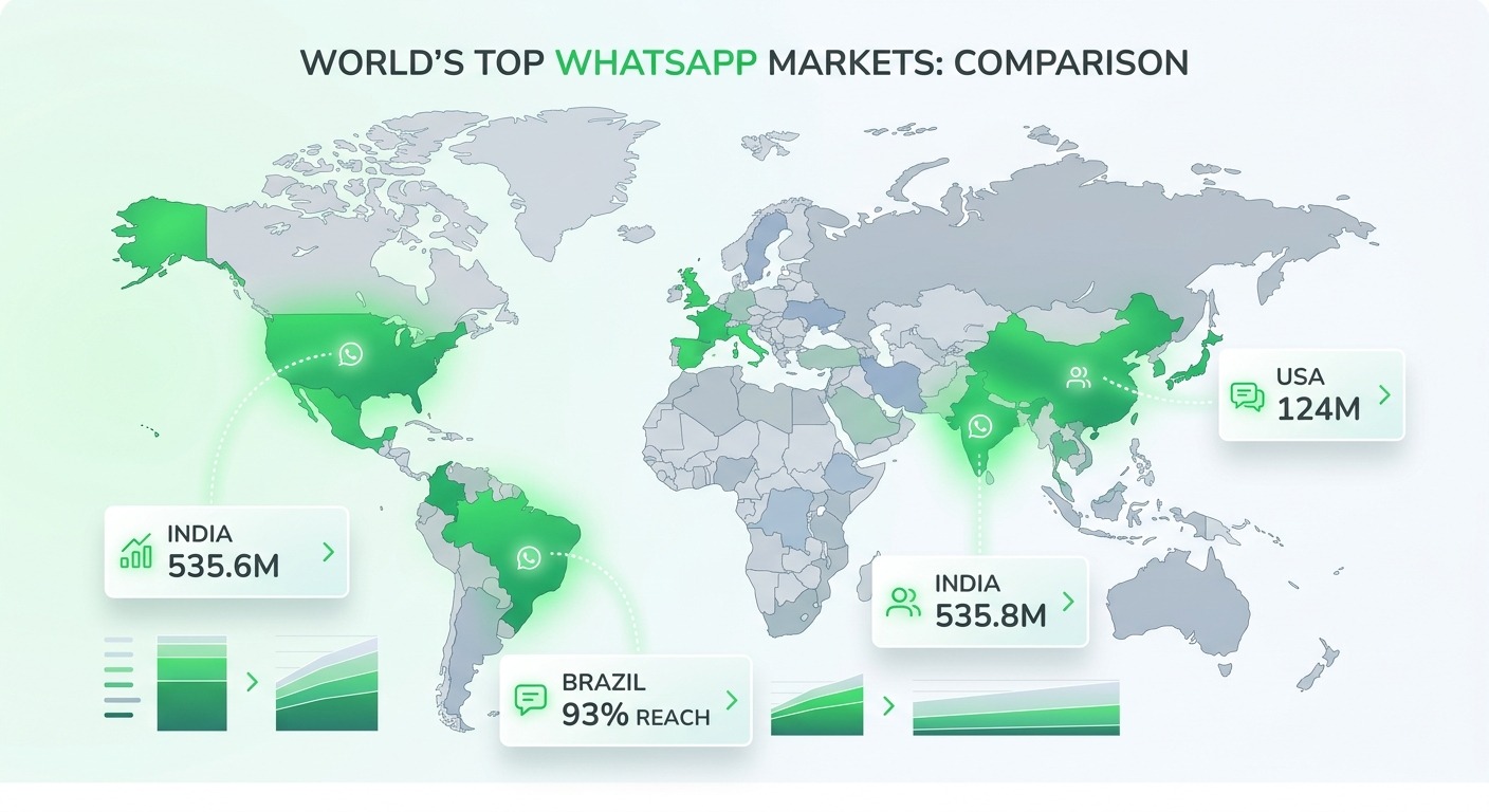 Comparison style world-map infographic highlighting top WhatsApp markets with stat labels "India 535.8M", "Brazil 93% reach", "USA 124M", clean data design, WhatsApp green accents on white, professional B2B, cards floating straight NO tilt NO rotation, NO purple, NO violet