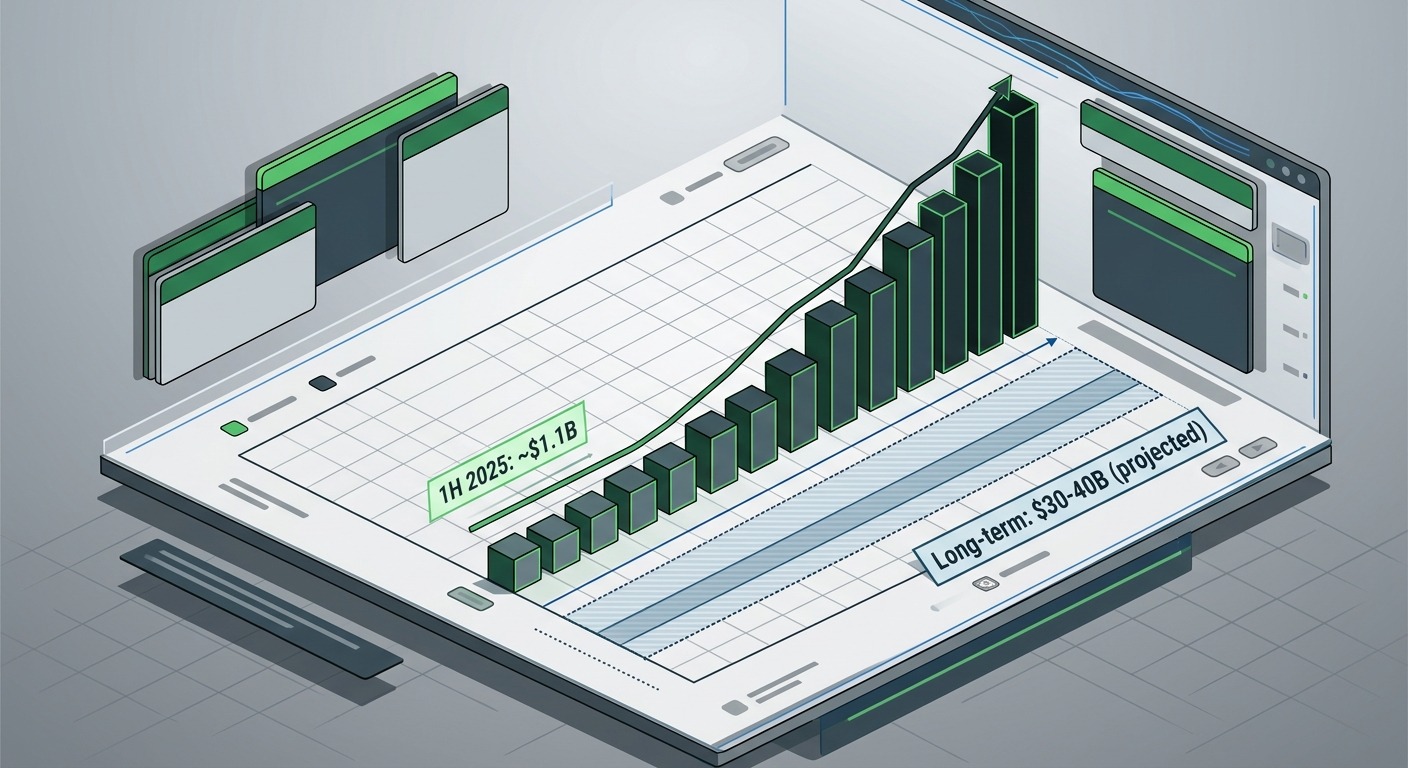 3D isometric style chart showing WhatsApp business messaging growth as an upward bar series with a range band, labels "1H 2025: ~$1.1B" and "Long-term: $30-40B (projected)", clean financial data visualization, WhatsApp green and dark slate, professional B2B, cards floating straight NO tilt NO rotation, NO purple, NO violet