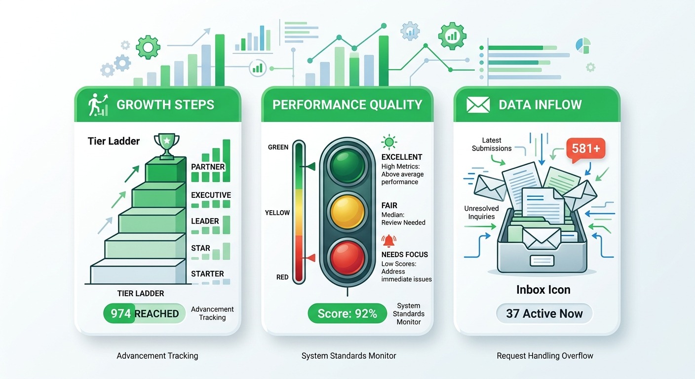 Stats and data style infographic, three vertical gauge cards side