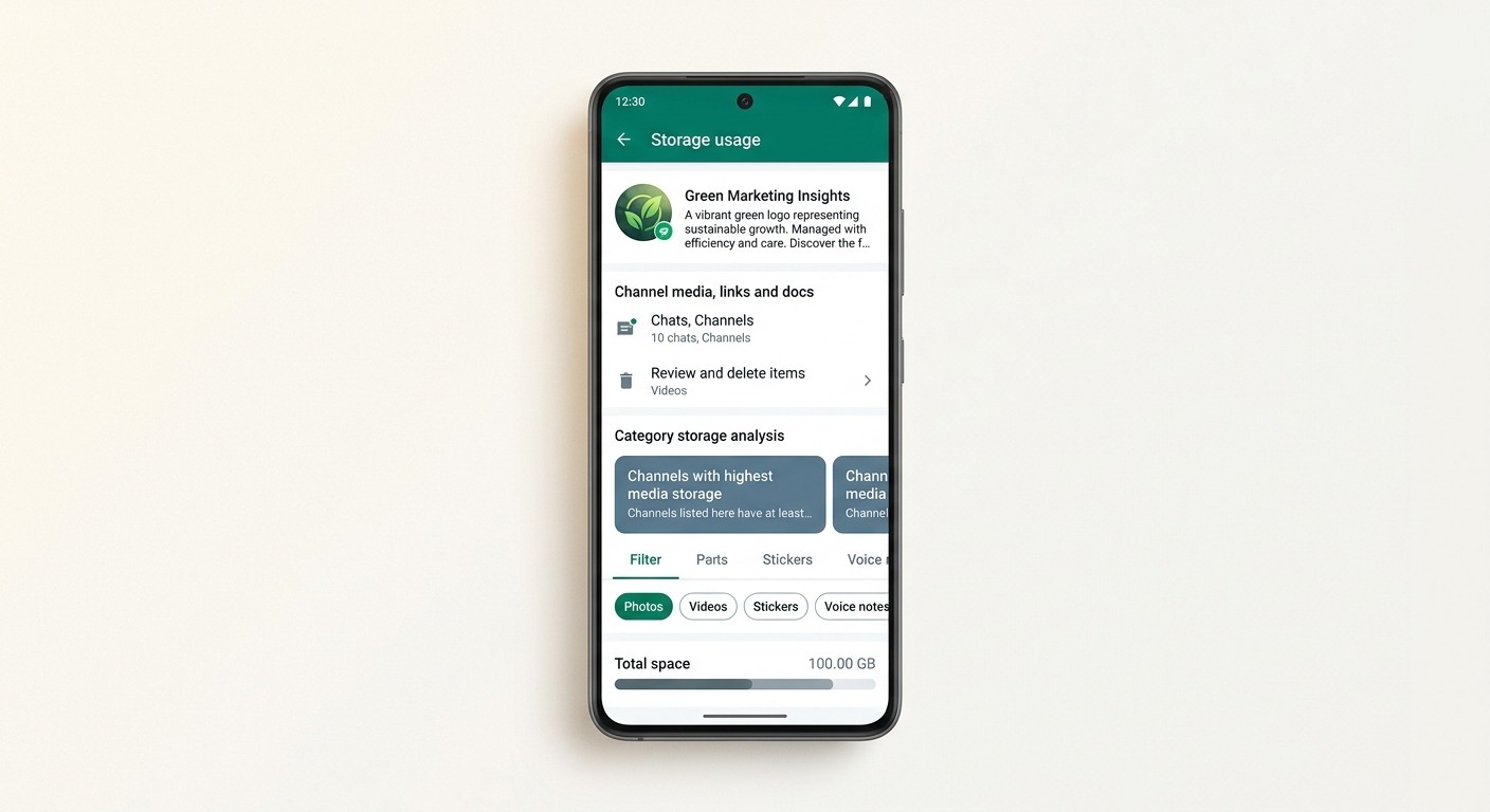 Clean product mockup of an Android phone screen showing a WhatsApp channel info page with a storage management section, category filter chips for Photos, Videos, Stickers and Voice notes, and a storage size bar. Minimalist B2B style, white background, WhatsApp green accent, cards floating straight NO tilt NO rotation. NO purple, NO violet