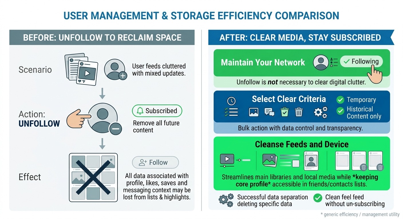 Comparison style graphic, two columns side by side. Left column labelled "Before: unfollow to reclaim space" showing a subscriber icon disappearing. Right column labelled "After: clear media, stay subscribed" showing a subscriber icon remaining with media thumbnails cleared. Clean B2B infographic, straight cards NO tilt NO rotation, WhatsApp green accent, white background. NO purple, NO violet