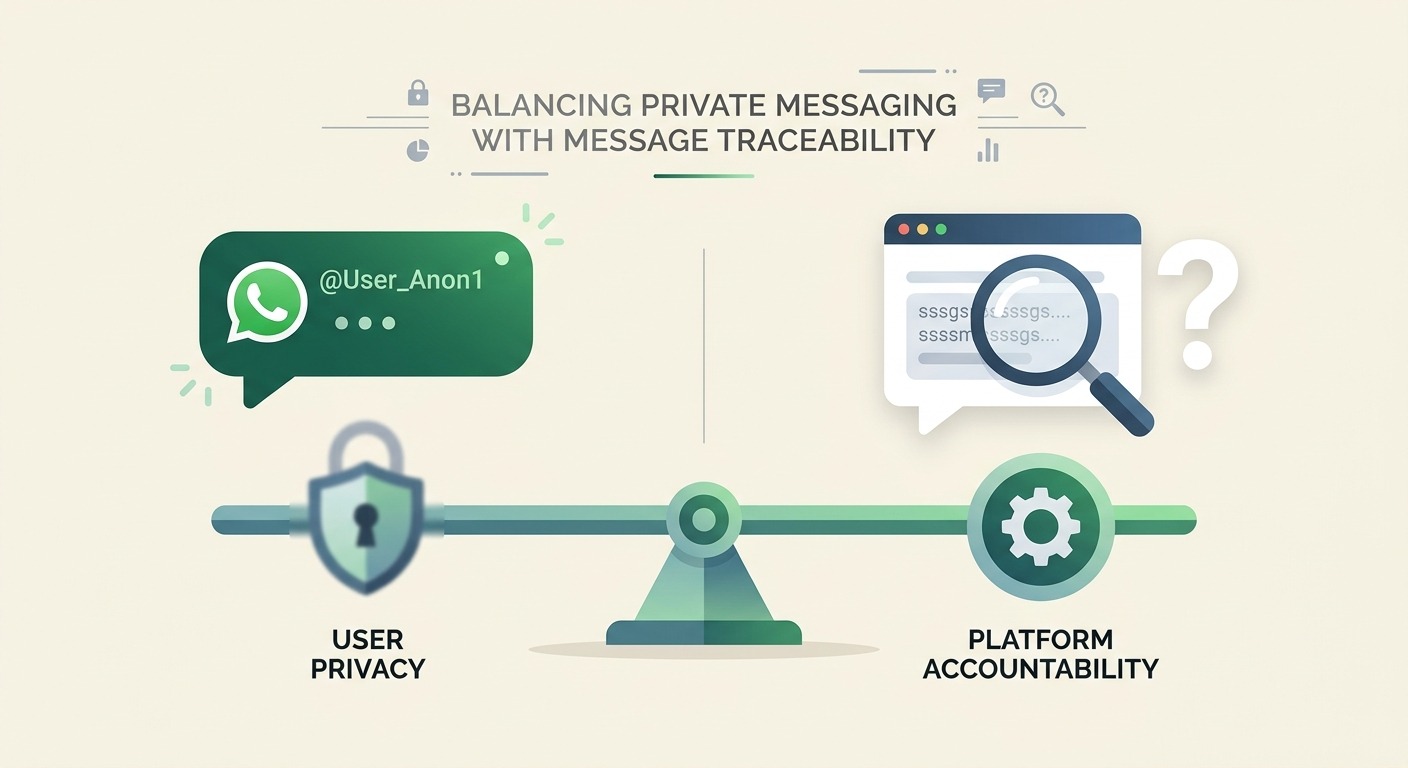 Minimalist concept illustration, a WhatsApp chat bubble with an @username handle on one side and a magnifying glass with a question mark representing traceability on the other, a subtle balance-scale motif between privacy and accountability, clean flat design on a light background, WhatsApp green accents, professional B2B, NO purple, NO violet