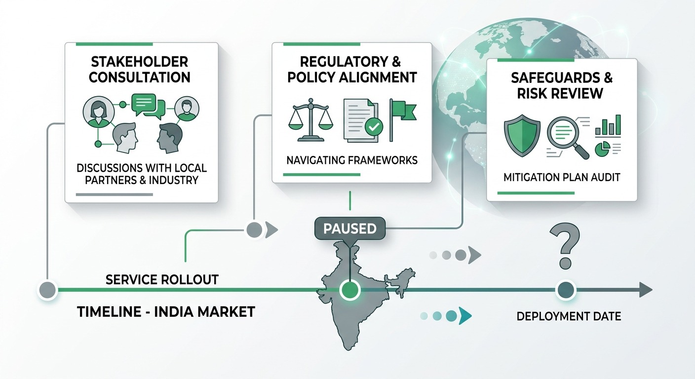 Stats and data style illustration, a simple horizontal timeline with a paused WhatsApp rollout marker over India and a question mark where the launch date would be, alongside small icons for consultation and safeguards review, clean cards floating straight NO tilt NO rotation, WhatsApp green accents on white, professional B2B, NO purple, NO violet
