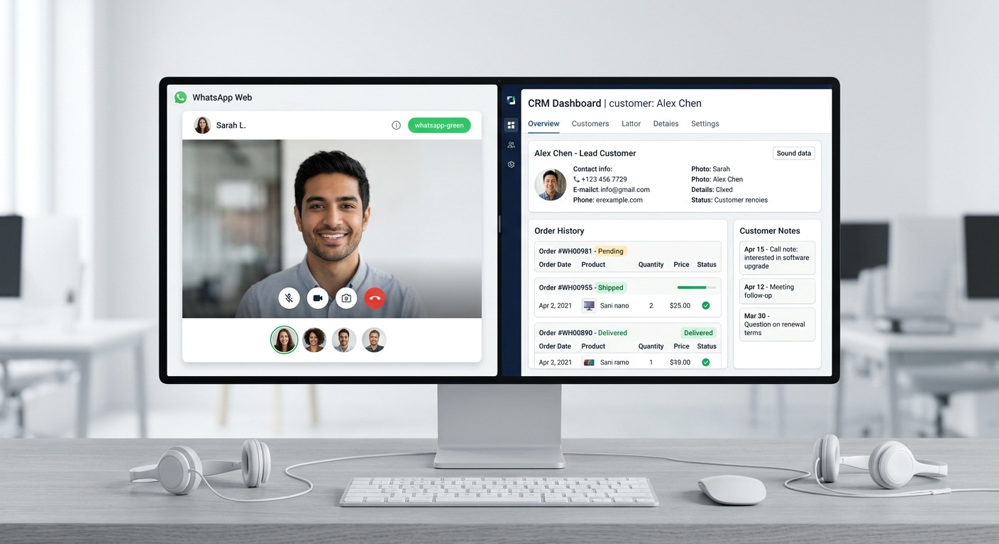 Clean Product style illustration, a wide desktop browser window on the left showing a WhatsApp Web video call with a customer, and on the right a CRM panel showing order history and customer notes, both panels side by side on one screen, a headset resting beside the keyboard, clean light background, crisp UI cards floating straight NO tilt NO rotation, WhatsApp green accent color, professional B2B aesthetic, no text labels, NO purple, NO violet