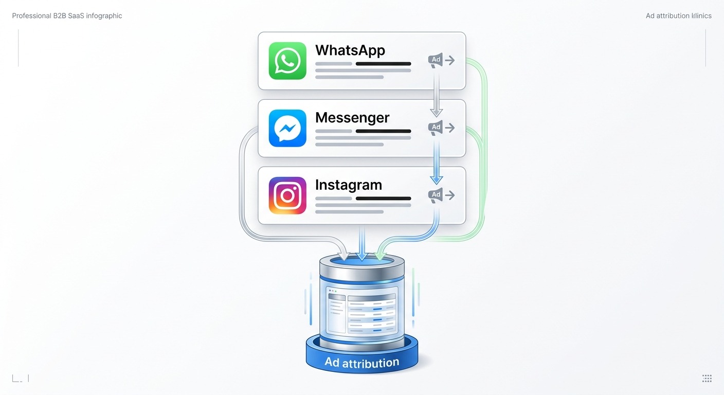 Clean product style, three channel cards floating straight NO tilt NO rotation, labelled WhatsApp, Messenger and Instagram, each with a small ad icon feeding into a single central database cylinder labelled "Ad attribution", clean white background, professional B2B SaaS aesthetic, NO purple, NO violet