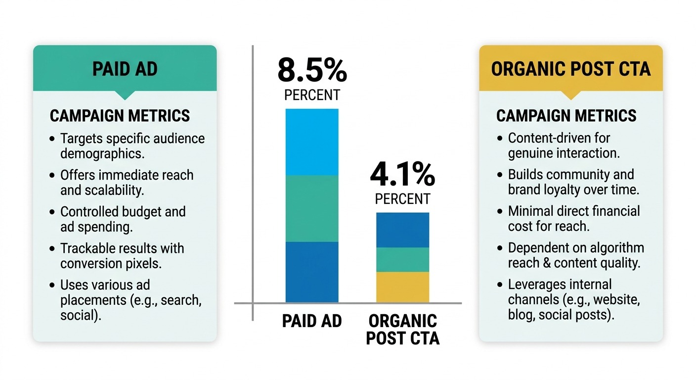 Stats and data style, a comparison bar chart with two bold bars labelled "Paid ad" and "Organic post CTA", the paid bar roughly double the height, a large percentage figure floating above each, clean data visualization aesthetic, cards floating straight NO tilt NO rotation, white background, professional B2B, NO purple, NO violet