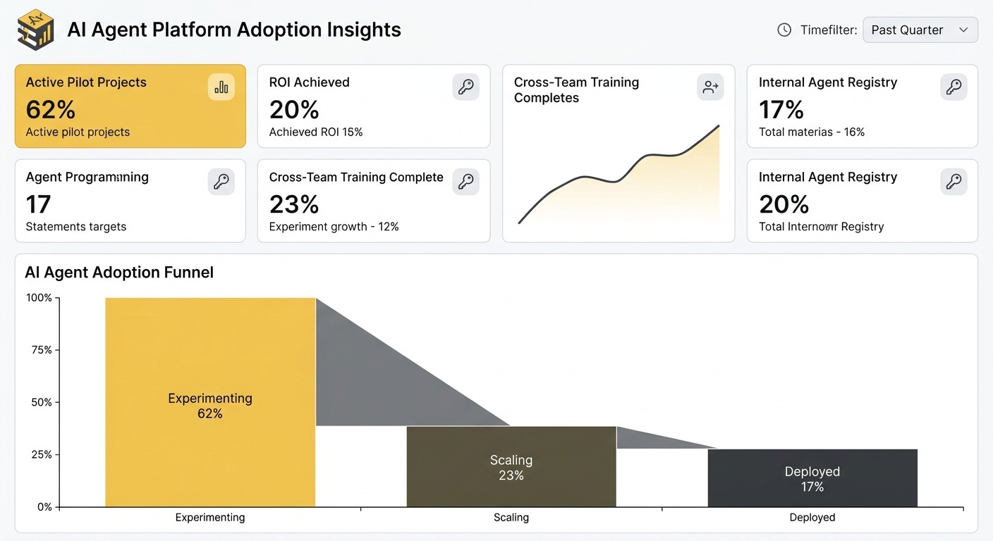 Stats and data visualization style, clean B2B dashboard showing AI agent adoption funnel with descending bars labeled experimenting 62 percent, scaling 23 percent, deployed 17 percent, minimalist flat design, orange and dark grey palette, cards floating straight NO tilt NO rotation, NO purple, NO violet
