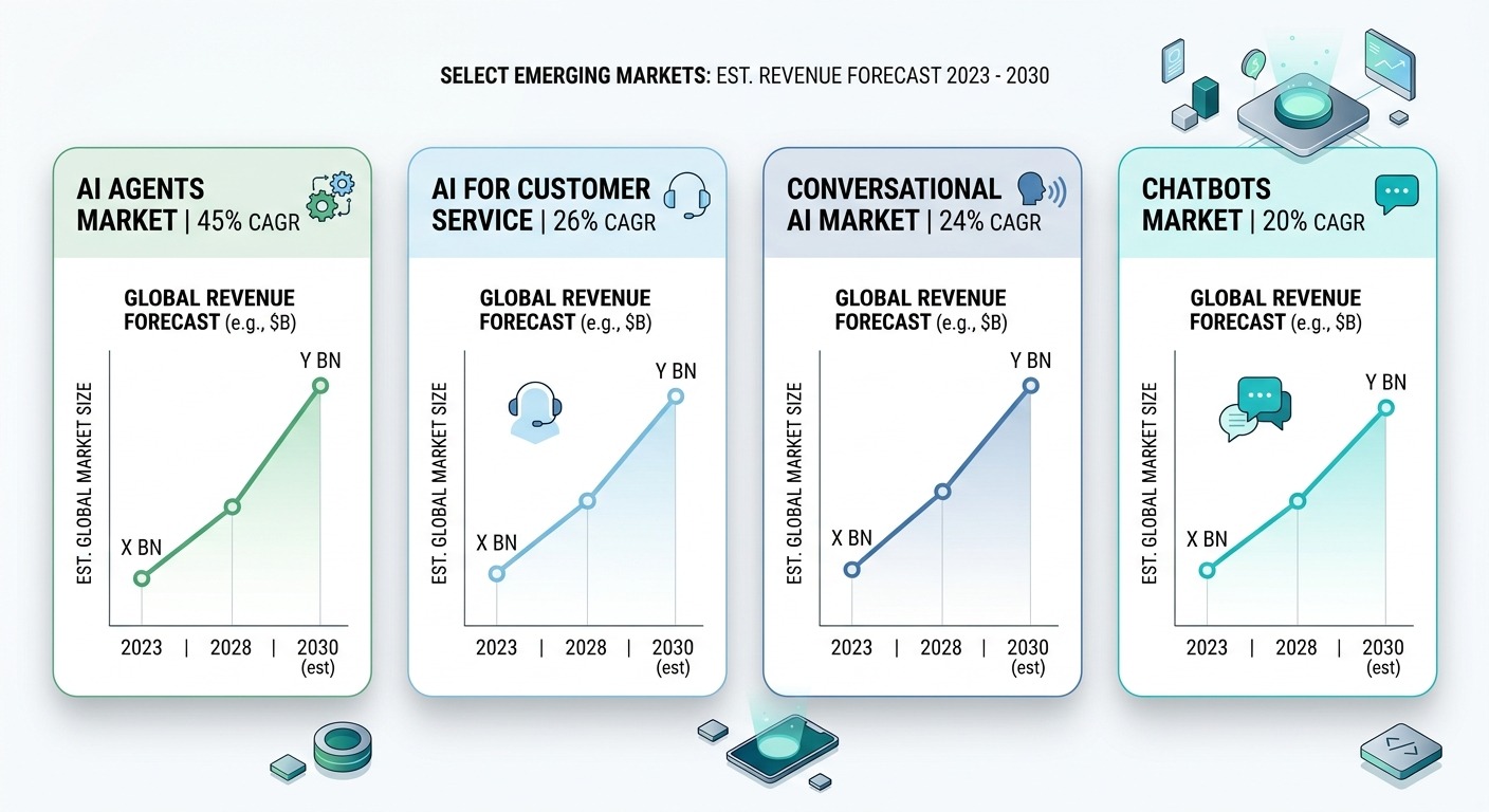 Comparison style chart showing four market lines with different slopes labeled AI agents 45%, AI for customer service 26%, conversational AI 24%, chatbots 20% CAGR, clean minimal layout, cards floating straight NO tilt NO rotation, professional B2B aesthetic, NO purple, NO violet