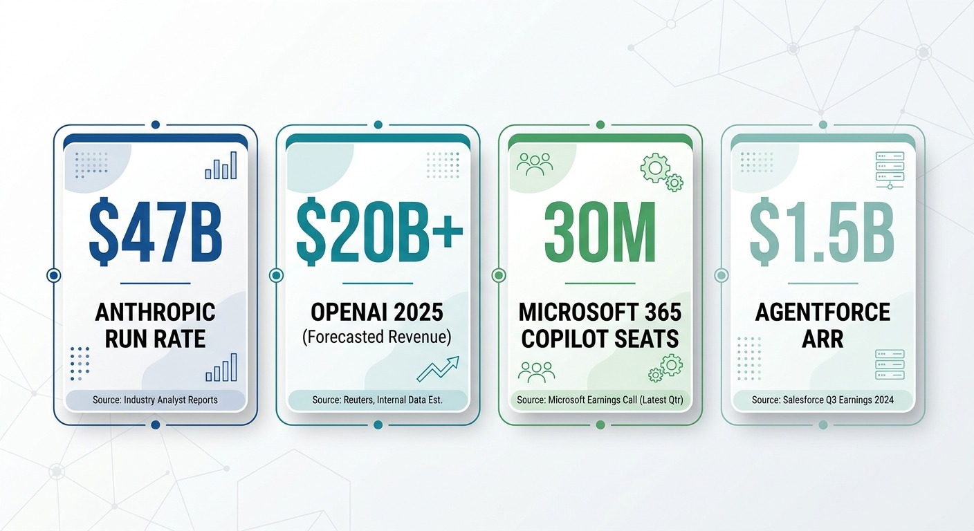 Minimalist style infographic with four large number cards: $47B Anthropic run rate, $20B+ OpenAI 2025, 30M Microsoft 365 Copilot seats, $1.5B Agentforce ARR, each with a small source label, cards floating straight NO tilt NO rotation, professional B2B aesthetic, NO purple, NO violet