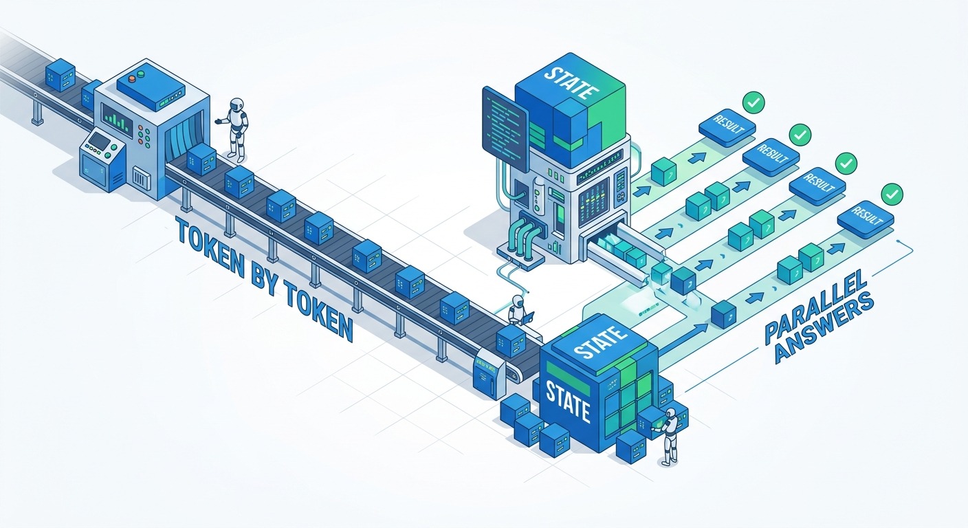 3D Isometric style B2B illustration, on the left a long chain of small cubes being produced one after another along a conveyor labelled TOKEN BY TOKEN, on the right a single block labelled STATE feeding five parallel short lanes that each end in a small result tile at the same moment, labelled PARALLEL ANSWERS, clean white background, soft shadows, modern tech aesthetic, Cards floating straight NO tilt NO rotation, NO purple, NO violet
