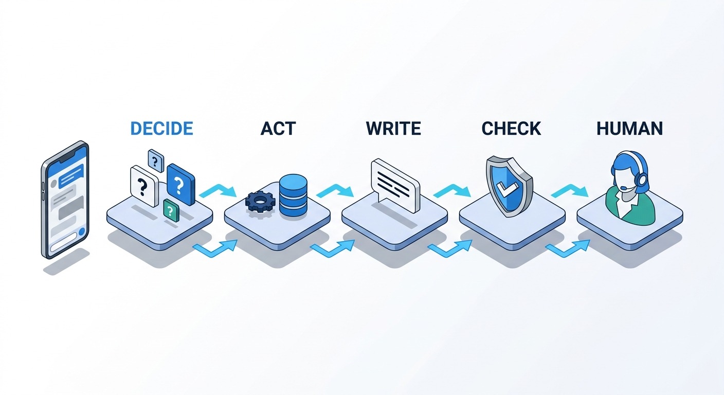 3D Isometric style B2B illustration, a left-to-right flow of five straight platform tiles connected by clean arrows, labelled DECIDE, ACT, WRITE, CHECK and HUMAN, the DECIDE tile shows three small question chips, the ACT tile shows gear and database icons, the WRITE tile shows a chat bubble, the CHECK tile shows a shield with a tick, the HUMAN tile shows a headset agent icon, a customer phone with a chat on the far left, clean white background, soft shadows, Cards floating straight NO tilt NO rotation, NO purple, NO violet