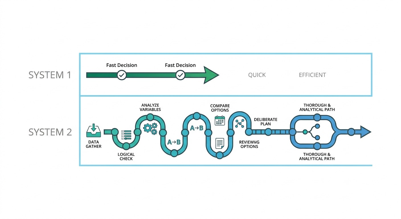Minimalist style B2B illustration, two parallel horizontal lanes on a clean white background, the top lane labelled SYSTEM 1 shows a short fast arrow passing through small decision checkpoints marked with ticks, the bottom lane labelled SYSTEM 2 shows a long winding path through many step-by-step reasoning nodes, simple flat icons, generous whitespace, clean sans-serif labels, NO purple, NO violet
