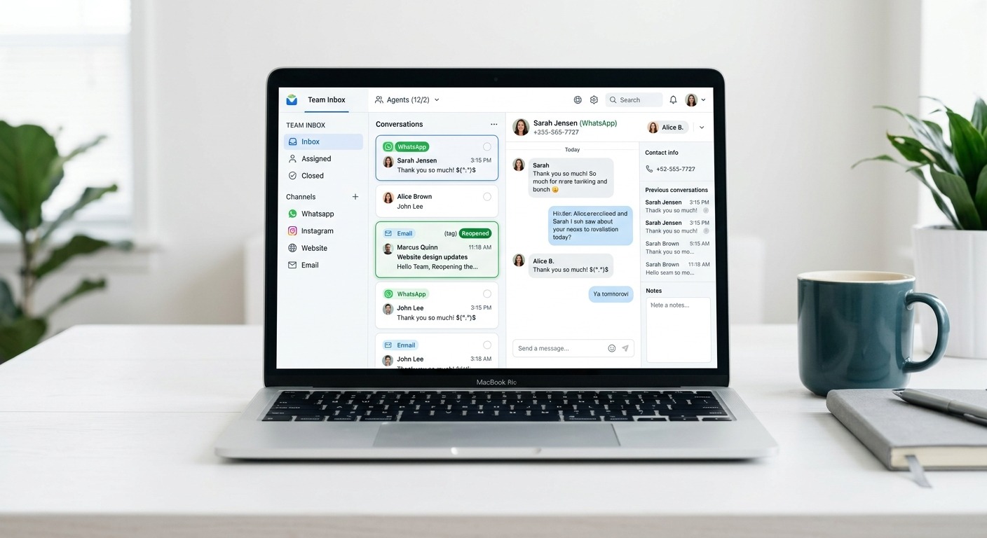 Clean Product style UI mockup of a unified team inbox on a laptop screen. Left column shows a conversation list with small channel badges for WhatsApp, Instagram, website chat, and email, each row with an assigned agent avatar. One row highlighted with a "Reopened" tag. Right side shows an open chat thread. Bright, minimal, realistic SaaS dashboard, white background, subtle shadows. Cards floating straight NO tilt NO rotation. NO purple, NO violet