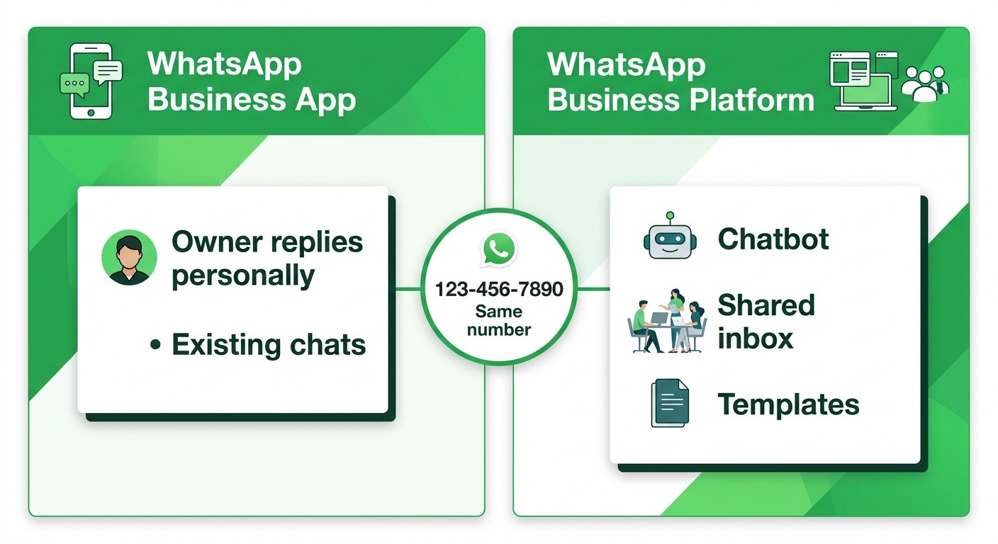 Comparison style infographic with two straight side-by-side panels. Left panel labeled "WhatsApp Business App" with a smartphone icon and a short list: "Owner replies personally", "Existing chats". Right panel labeled "WhatsApp Business Platform" with a laptop and team icons: "Chatbot", "Shared inbox", "Templates". A single phone number badge connects both panels in the middle labeled "Same number". WhatsApp green background accents, white cards, clean typography. Cards floating straight NO tilt NO rotation. NO purple, NO violet