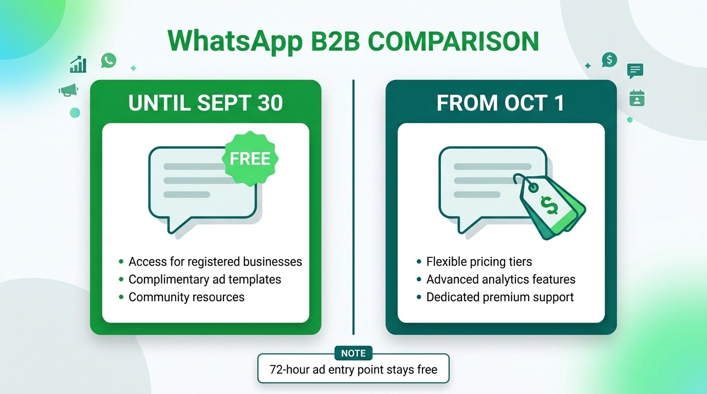 Comparison style infographic, two clean straight cards side by side with zero tilt and zero rotation, left card headed "Until Sept 30" showing a chat bubble with a green FREE badge, right card headed "From Oct 1" showing the same chat bubble with a price tag badge, a small third card below reading "72-hour ad entry point stays free", WhatsApp green and white, professional B2B, Cards floating straight NO tilt NO rotation, NO purple, NO violet