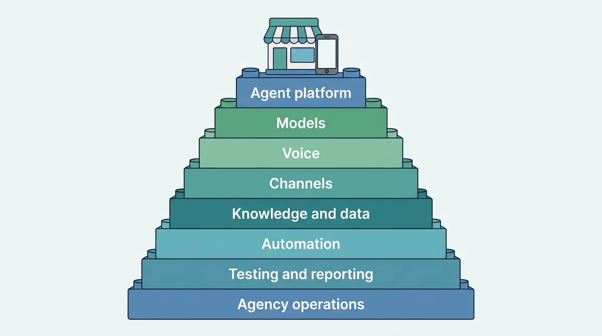 AI agent stack for agencies: agent platform, models, voice, channels, knowledge and data, automation, testing and reporting, agency operations - ChatMaxima