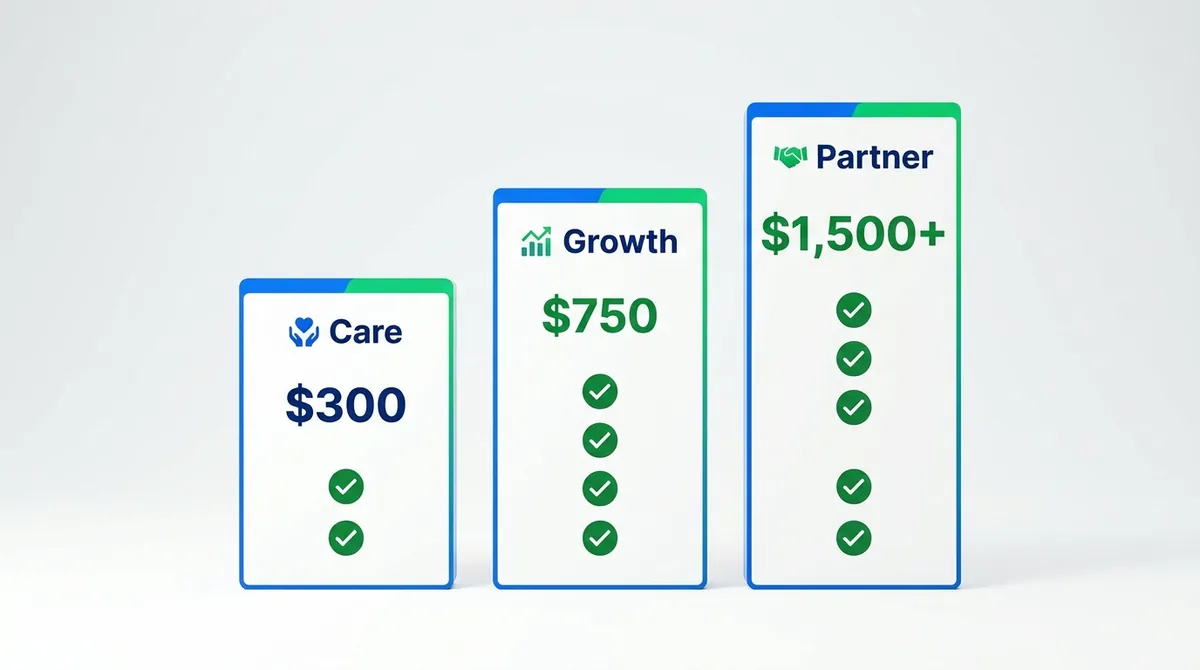 AI agent retainer tiers: Care $300, Growth $750, Partner $1,500+ per month - ChatMaxima