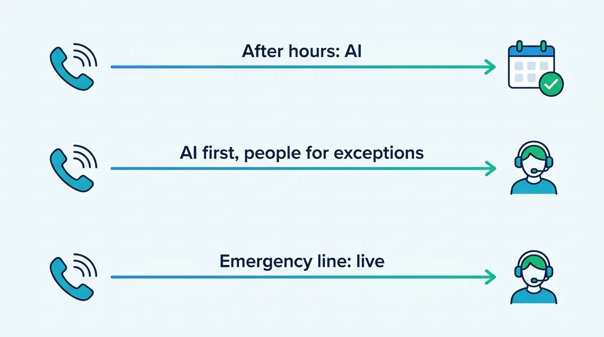 Hybrid answering service setups: AI after hours, AI first with people for exceptions, live emergency line - ChatMaxima