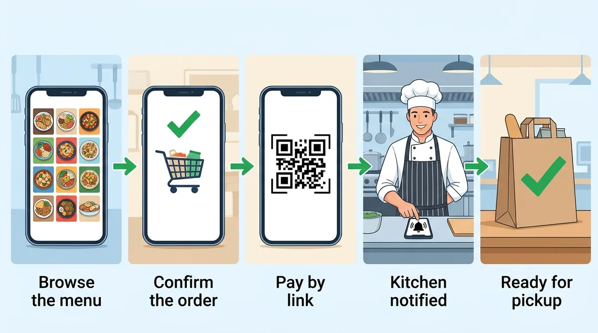 WhatsApp food ordering flow: browse the menu, confirm the order, pay by link, kitchen notified, ready for pickup - ChatMaxima