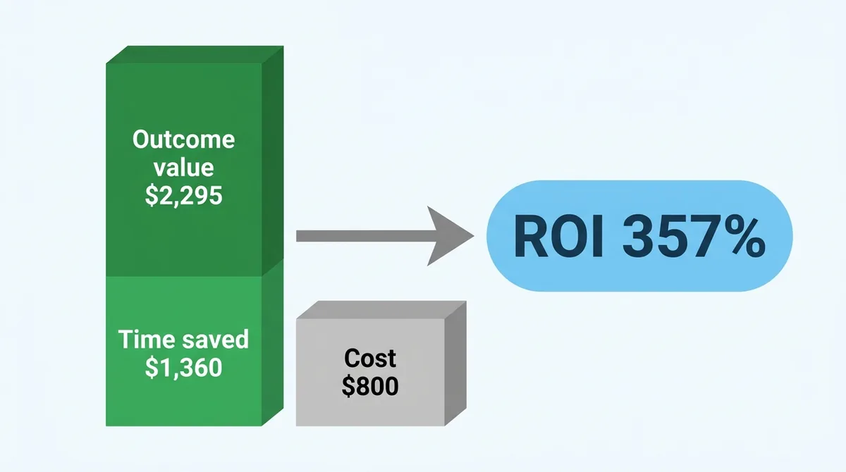 AI ROI worked example: time saved $1,360 plus outcome value $2,295 against $800 cost gives 357% ROI - ChatMaxima