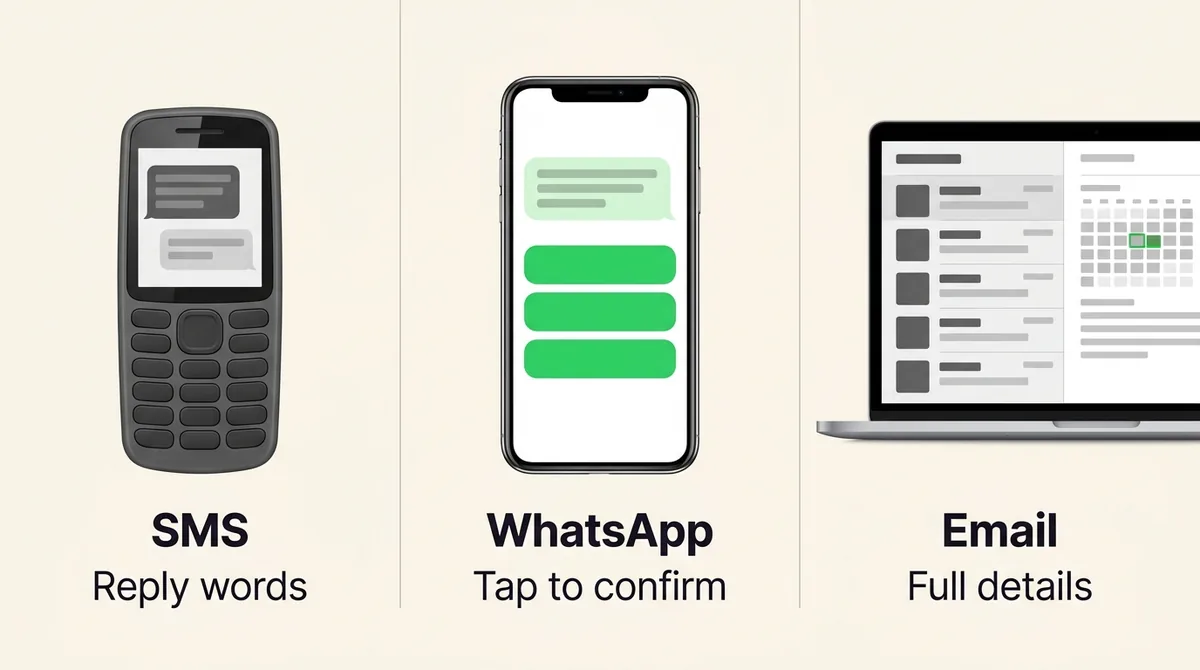 SMS vs WhatsApp vs email appointment reminders: reply words, tap to confirm, full details - ChatMaxima