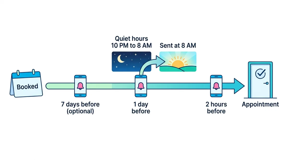 Appointment reminder text timing: 7 days, 1 day and 2 hours before, with quiet hours 10 PM to 8 AM - ChatMaxima