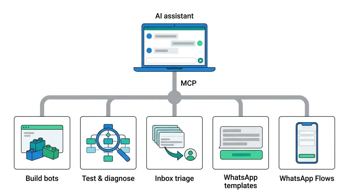 Claude MCP and ChatGPT MCP: what an AI assistant can do in ChatMaxima - build bots, test and diagnose, inbox triage, WhatsApp templates and Flows - ChatMaxima