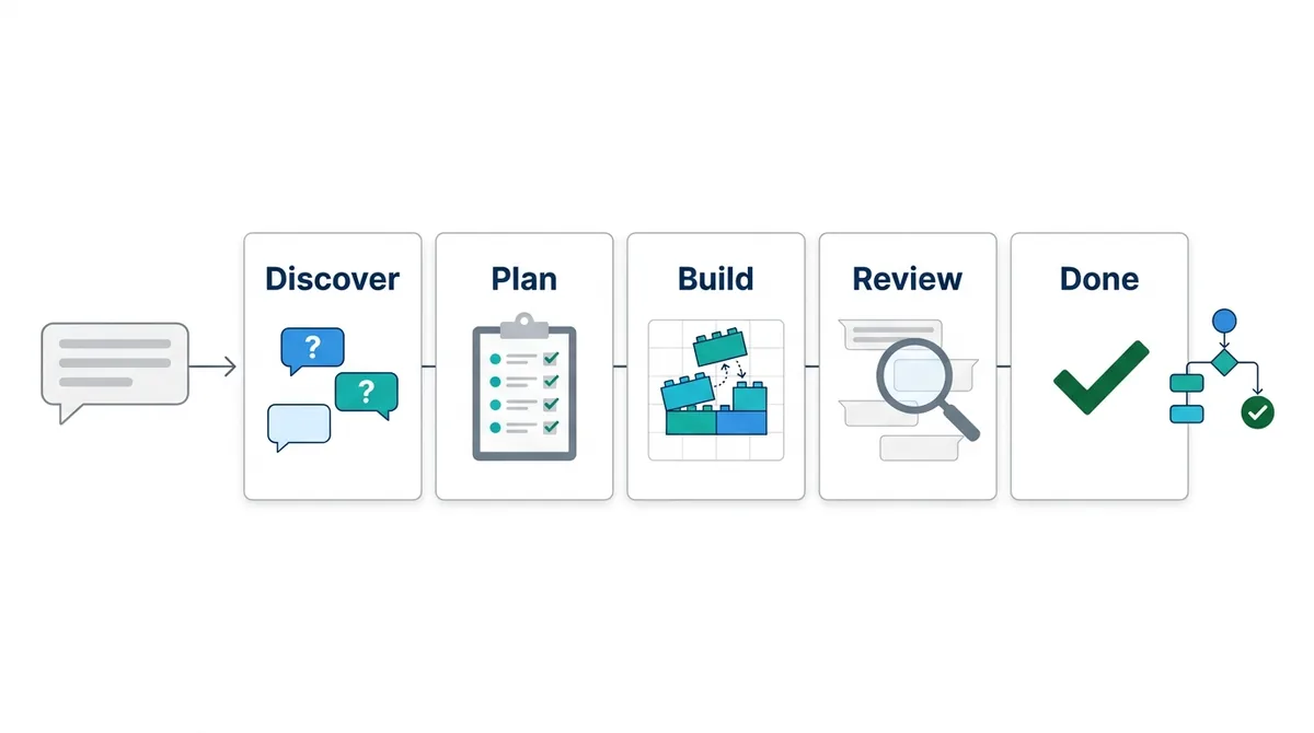No-code AI agent builder workflow: discover, plan, build, review, done - ChatMaxima
