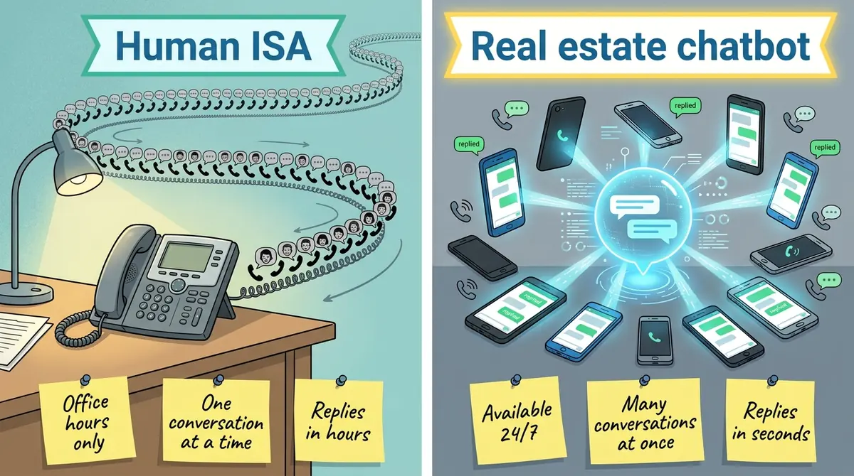 Real estate chatbot vs human ISA: available 24/7, many conversations at once, replies in seconds - ChatMaxima