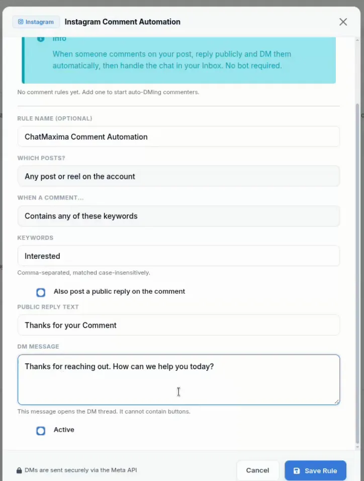 Comment Automation rule form in ChatMaxima with keyword, public reply and DM message filled in
