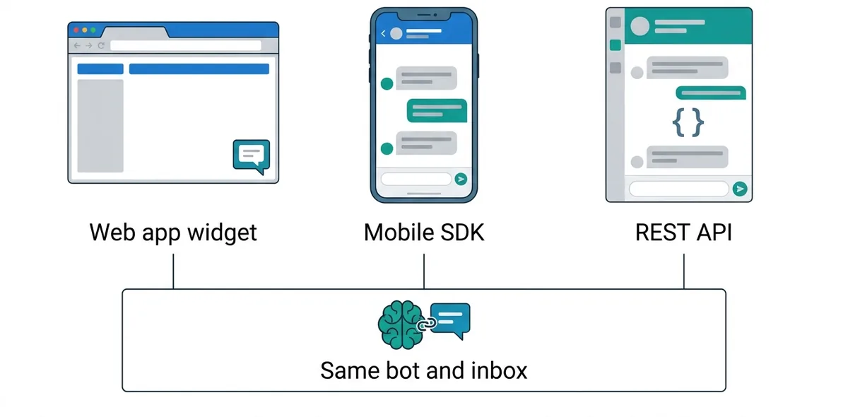 Three ways to add a SaaS chatbot to a product: web app widget, mobile SDK and REST API, sharing one bot and inbox - ChatMaxima